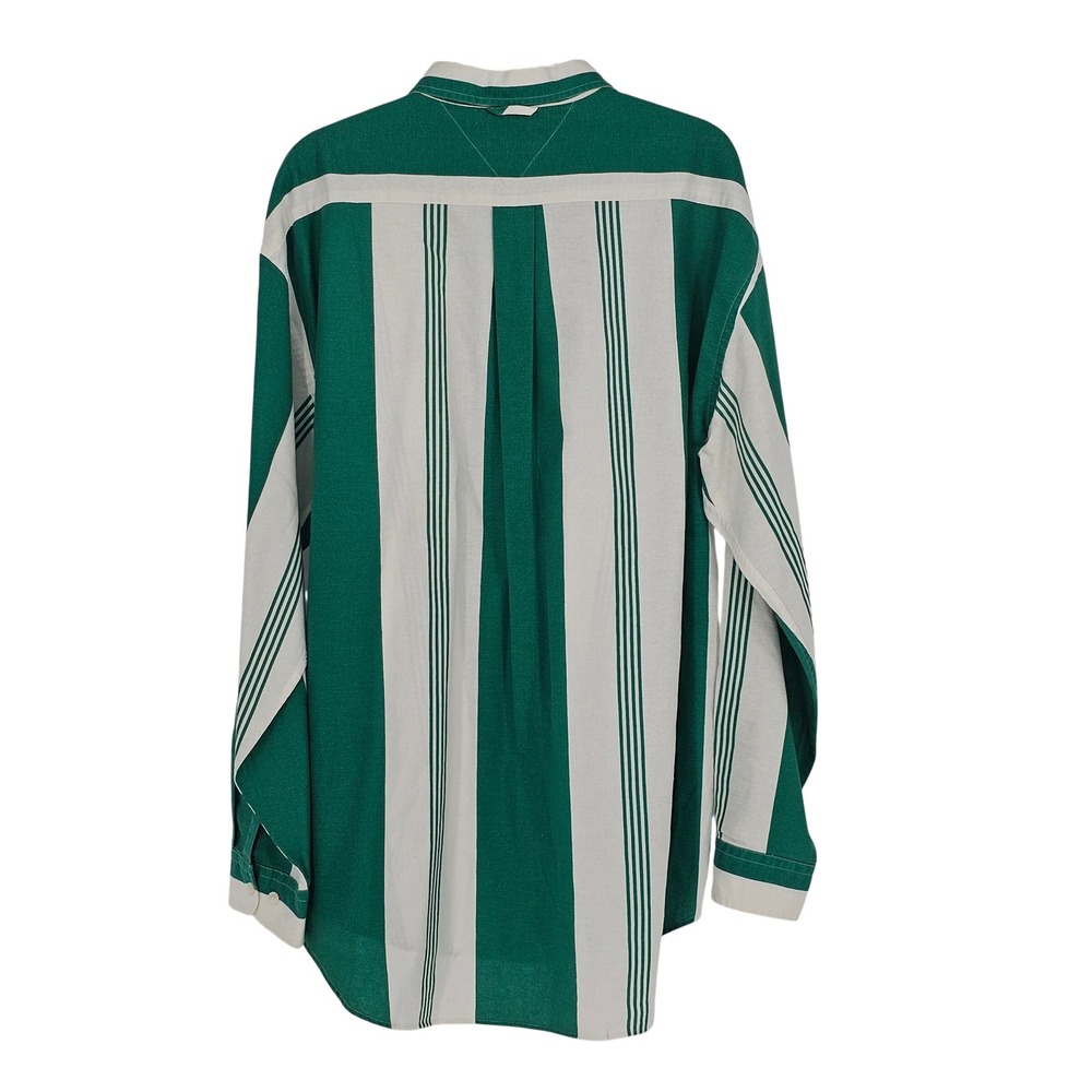 Vintage Tommy Hilfiger Button Down Shirt XL Green White Striped Crest Logo 90s - Picture 2 of 10